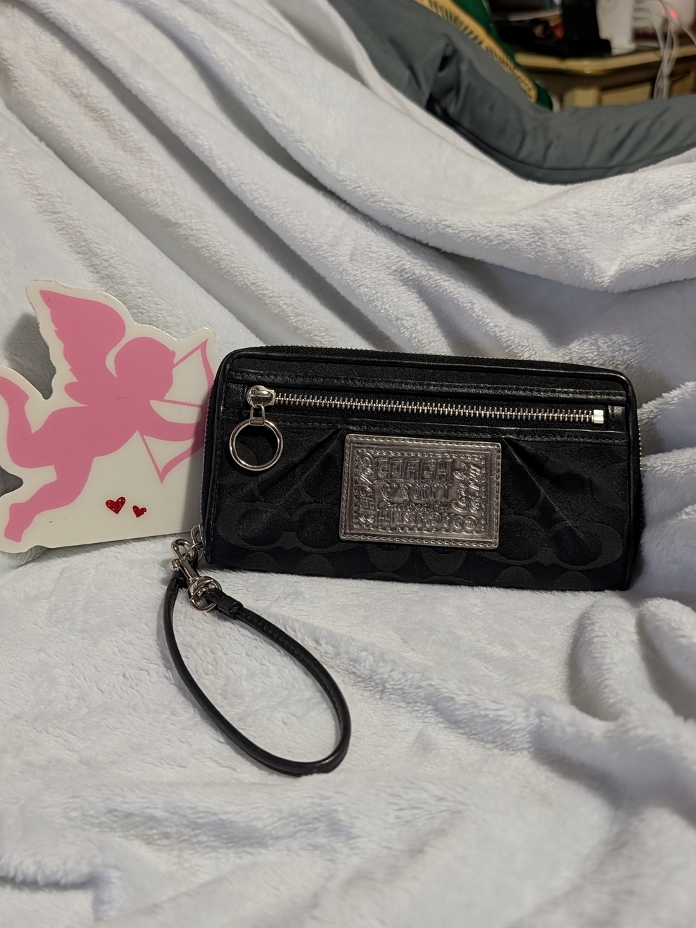 Coach Poppy Signature Zip Around Black Wristlet Wallet